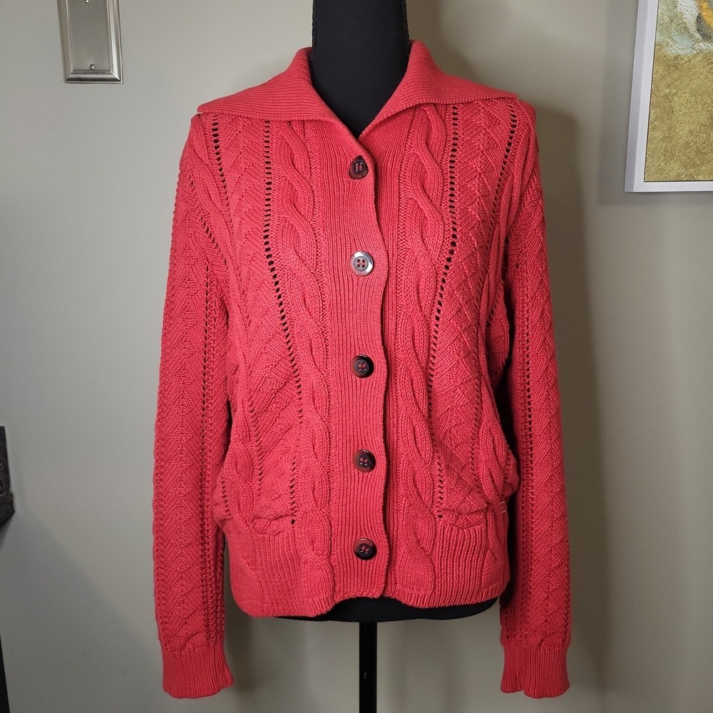 Blue Willi's Womens M Red Cable Knit Cardigan Sweater Button Preppy Coastal